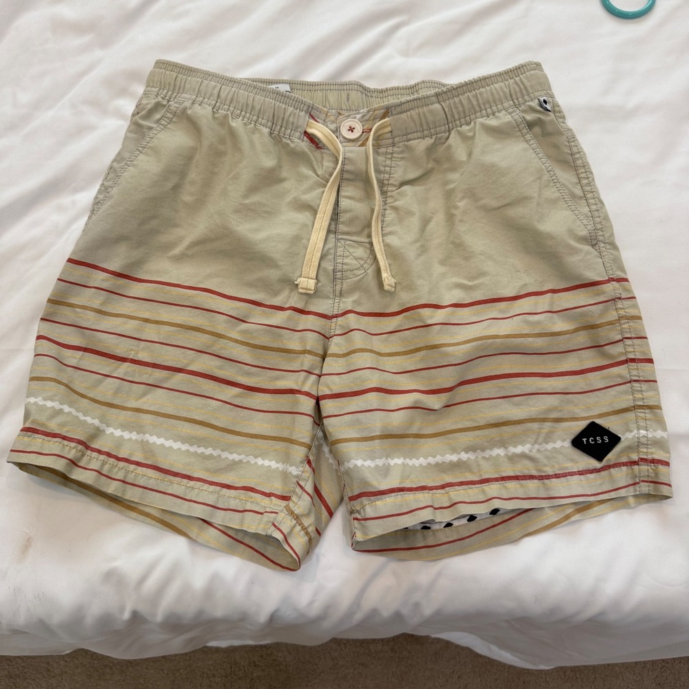 TCSS The Critical Slide Society Mens Striped Board Shorts Khaki Tan Size 34